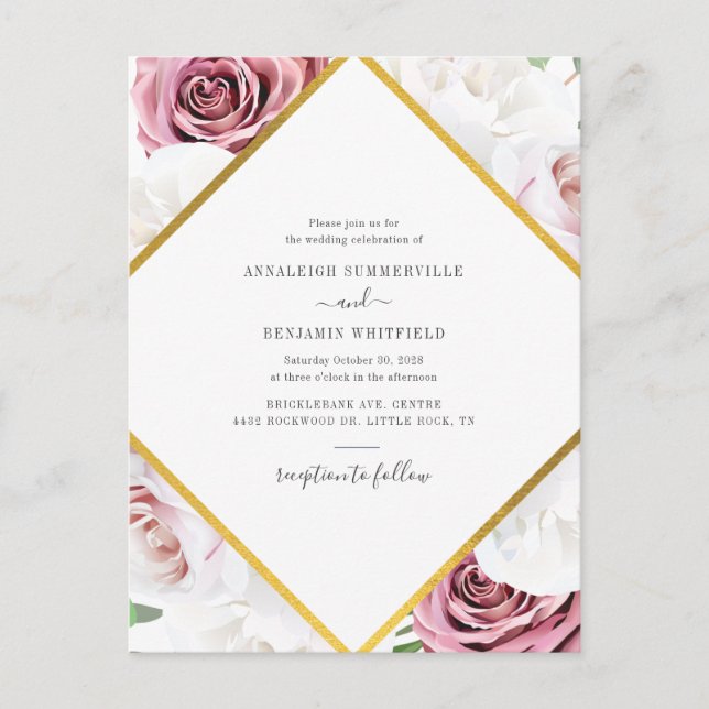 Postal De Invitación Rosa geométrico floral Boda botánico de oro (Anverso)
