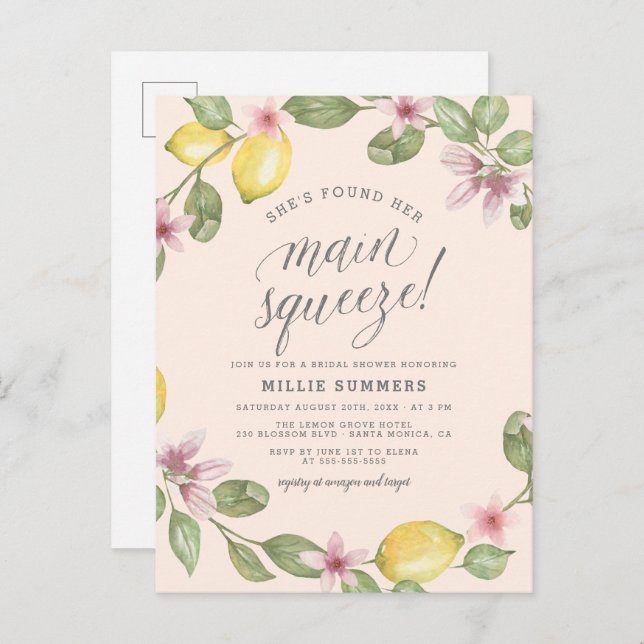Postal De Invitación Rosa | Lemon Wreath Main Squeeze Brieze Shower (Anverso / Reverso)