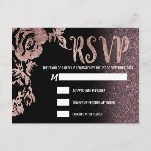 Postal De Invitación Rosa Negra Dorada Glitter Floral RSVP