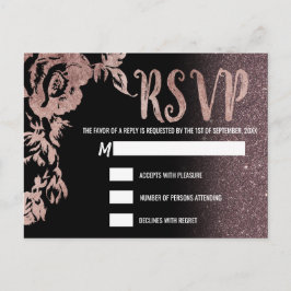 Postal De Invitación Rosa Negra Oro Glitter Floral RSVP