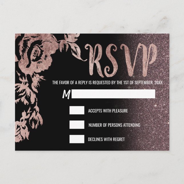 Postal De Invitación Rosa Negra Oro Glitter Floral RSVP (Anverso)