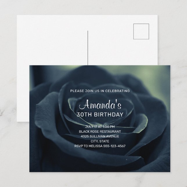 Postal De Invitación Rosa Negro Flor Oscuro Vibe Gótico Cumpleaños (Anverso / Reverso)