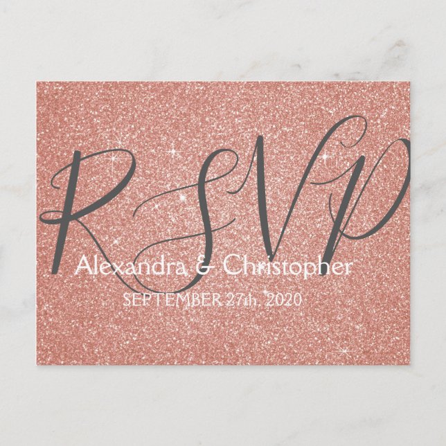 Postal De Invitación Rosa Oro Glitter y Brillo RSVP (Anverso)