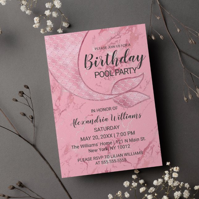 Postal De Invitación Rosa Oro Pink Mermaid Piscina Marble Cumpleaños (Rose Gold Pink Mermaid Tail Pool Marble Birthday )