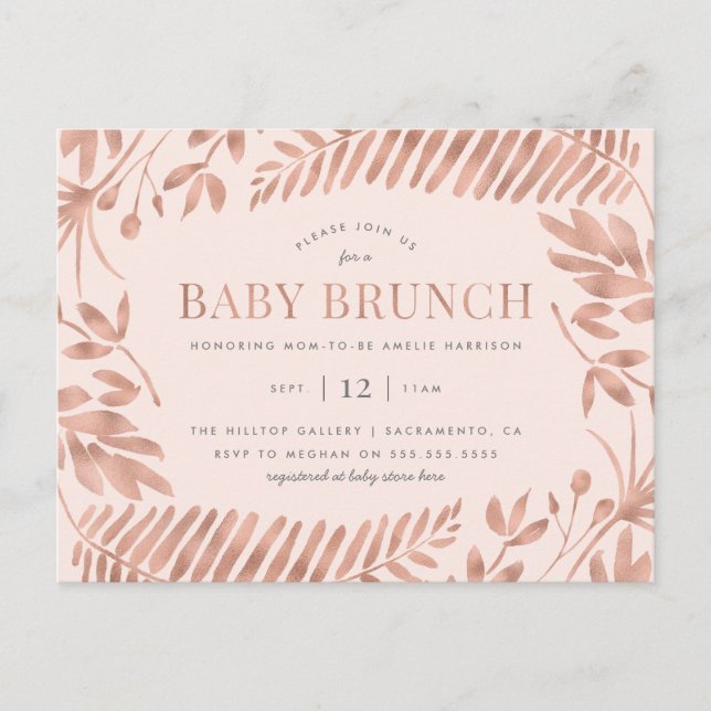 Postal De Invitación Rosa Oro Verde Tropical Bebé Brunch (Anverso)