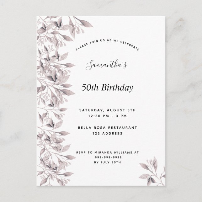 Postal De Invitación Rosa polvoriento cumpleaños floral botánica blanca (Anverso)