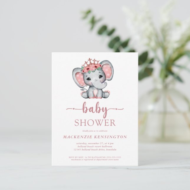 Postal De Invitación Rosa Princesa de Oro Elefante Niña (Anverso de pie)
