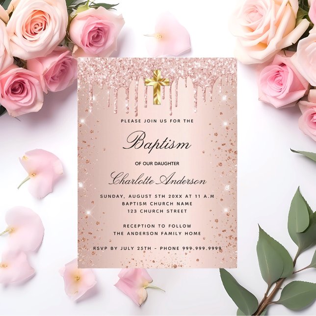 Postal De Invitación Rosa purpurina de oro gotea bautismo chica (Subido por el creador)