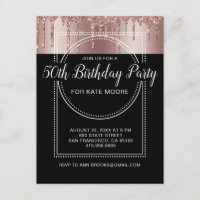 Rosa Purpurina de oro goteo negro 50 cumpleaños