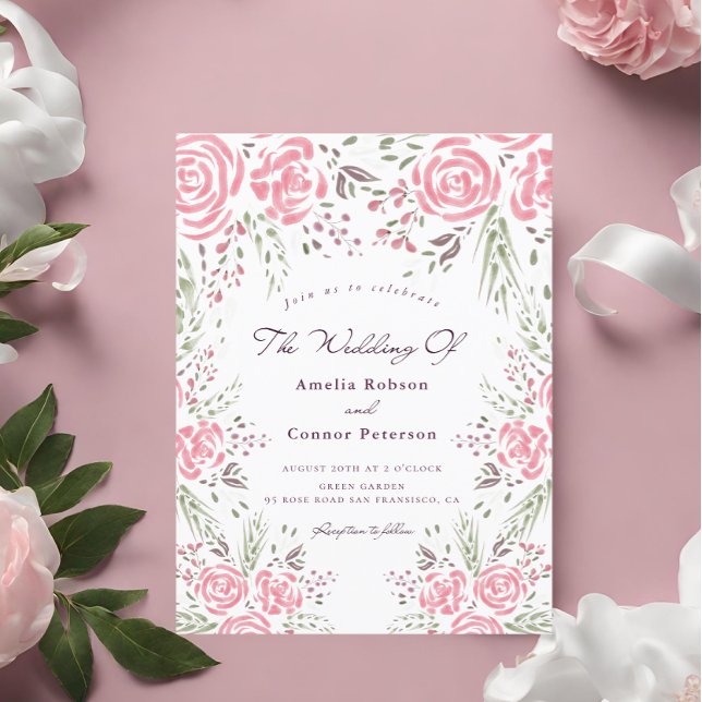 Postal De Invitación Rosa rosa elegante Romance acuarela (Subido por el creador)
