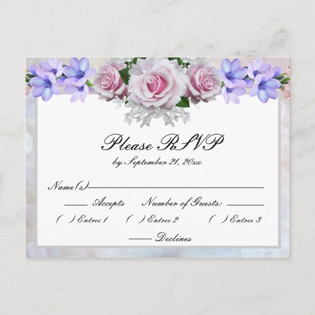 Postal De Invitación Rosa Rosa | Respuesta de Boda con Bokeh de Plata (Anverso)