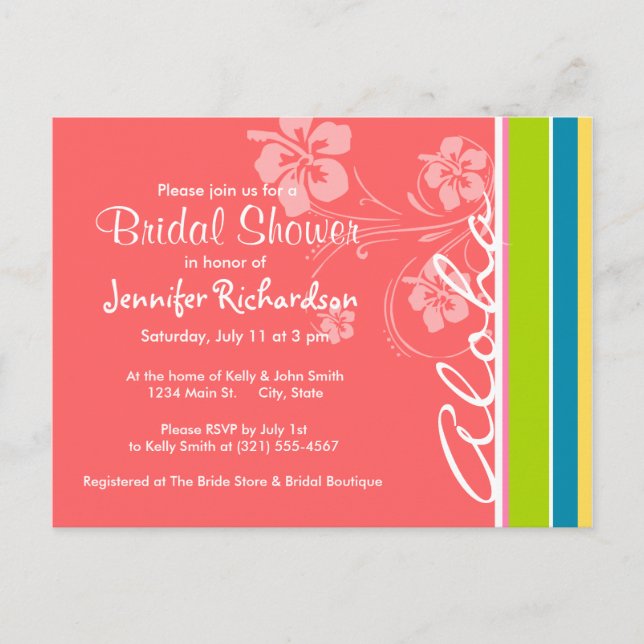 Postal De Invitación Rosa salmón y verde marino a rayas: Aloha (Anverso)