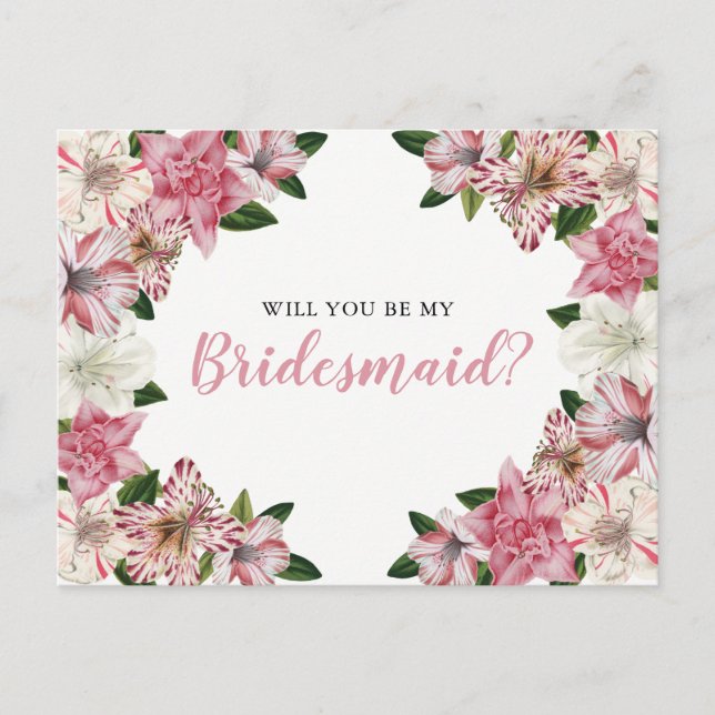 Postal De Invitación Rosa | Solicitud de la dama de honor floral blanca (Anverso)