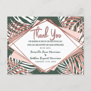 Postal De Invitación Rosa Verde Oro Palm Tree Leaf Tropical Gracias