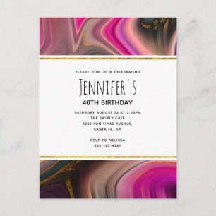 Postal De Invitación Rosa y Negro con Swirls de Oro Resumen Cumpleaños