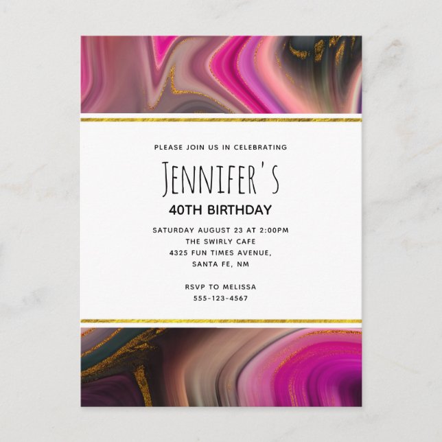 Postal De Invitación Rosa y Negro con Swirls de Oro Resumen Cumpleaños (Anverso)