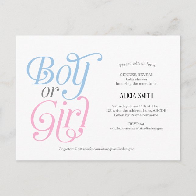 Postal De Invitación Rosa y niño, moderno, chico o Chica, revelación de (Anverso)