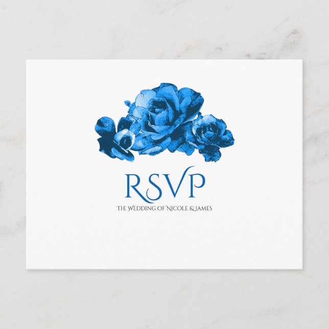 Postal De Invitación Rosas Acuarela Azules RSVP de Boda Elegante (Anverso)
