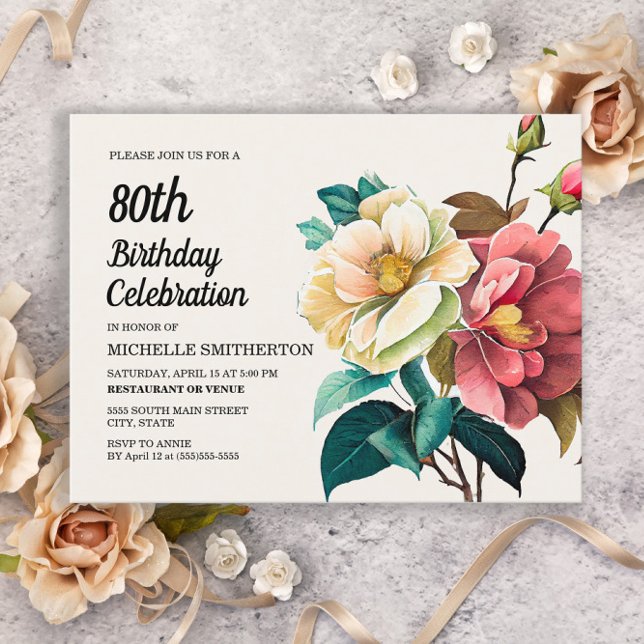 Postal De Invitación Rosas Blancas Rojas 80 cumpleaños (Subido por el creador)