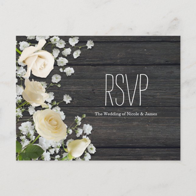 Postal De Invitación Rosas Blancas y Aliento de Bebé en Madera RSVP (Anverso)