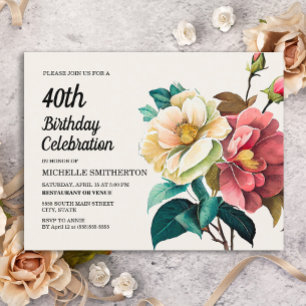 Postal De Invitación Rosas Blancas y Rojas Cumpleaños 40 de Mujer