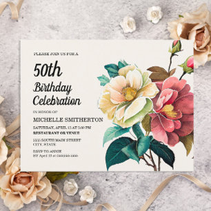 Postal De Invitación Rosas Blancas y Rojas Cumpleaños 50 de Mujer