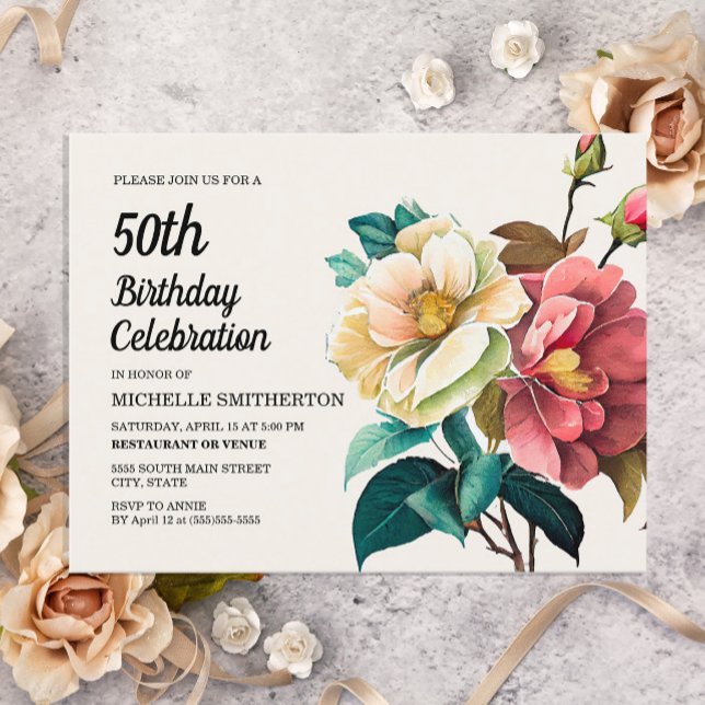Postal De Invitación Rosas Blancas y Rojas Cumpleaños 50 de Mujer (Subido por el creador)