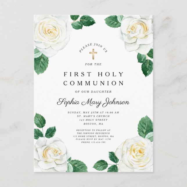 Postal De Invitación Rosas de acuarela blanca floral Chica Primera Comu (Anverso)