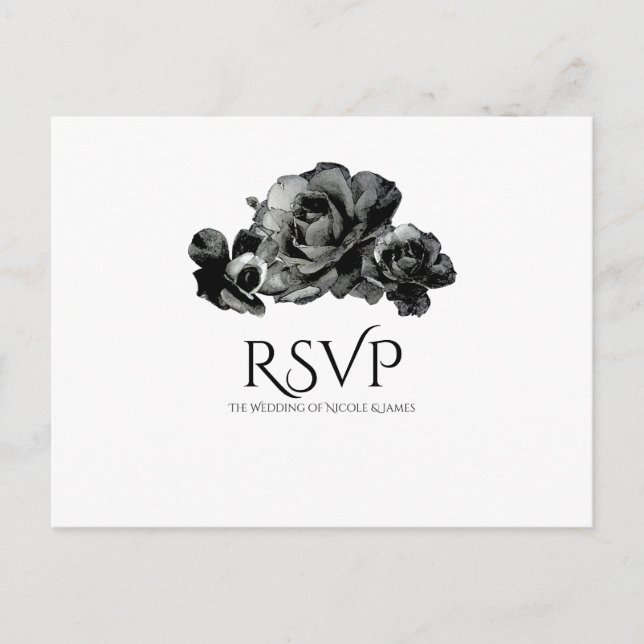 Postal De Invitación Rosas de Acuarela Negras RSVP de Boda Elegante (Anverso)