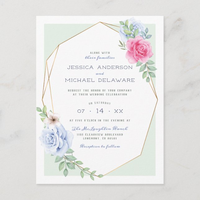 Postal De Invitación Rosas de acuarela y acuarela Rosa Boda botánico (Anverso)