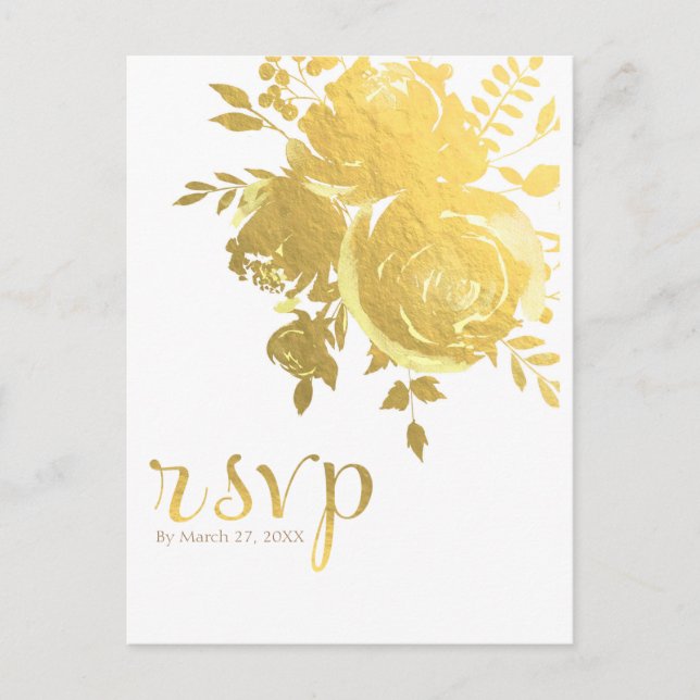 Postal De Invitación Rosas de oro Relieve metalizado falso elegante mat (Anverso)