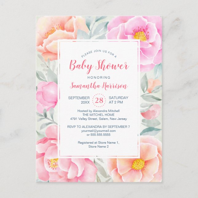 Postal De Invitación Rosas de peonés baratos rosados en Baby Shower (Anverso)