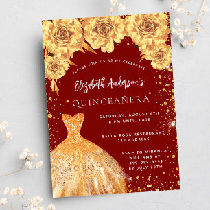 Postal De Invitación Rosas de vestimenta de purpurina rojo Quinceanera