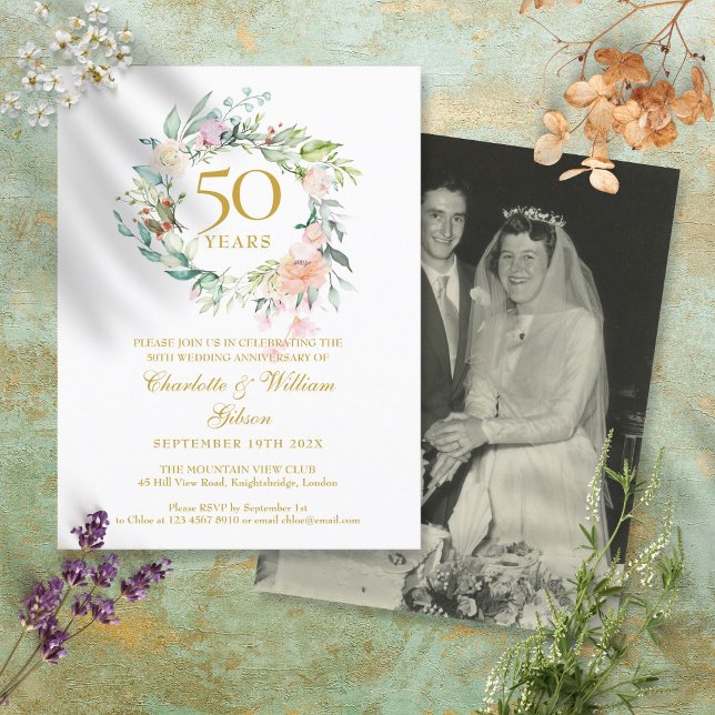 Postal De Invitación Rosas Floral 50º Aniversario de Bodas de Oro Foto (Subido por el creador)