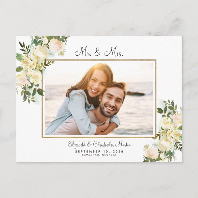 Postal De Invitación Rosas Floral Elegantes de foto casados (Anverso)