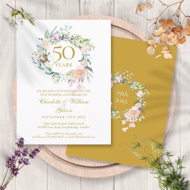 Postal De Invitación Rosas Garland 50 Aniversario del Boda Dorado (Roses Garland 50th Golden Wedding Anniversary Invitation Postcard)
