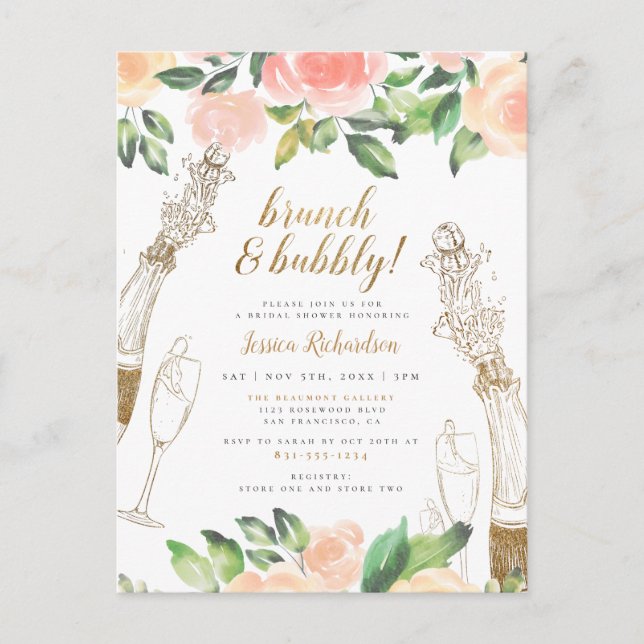 Postal De Invitación Rosas Gold Champagne y Peach Brunch Bridal Shower (Anverso)