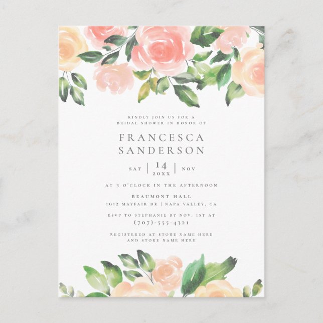 Postal De Invitación Rosas Pintado | Moderna y elegante ducha de novia (Anverso)