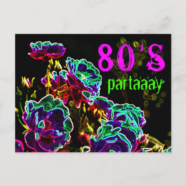 Postal De Invitación rosas psicodélicos Fiestas de los años 80 Neon Bla (Anverso)