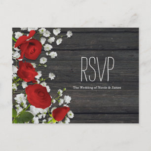 Postal De Invitación Rosas Rojas y Aliento de Bebé en Madera RSVP