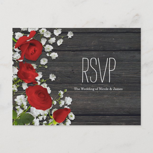 Postal De Invitación Rosas Rojas y Aliento de Bebé en Madera RSVP (Anverso)