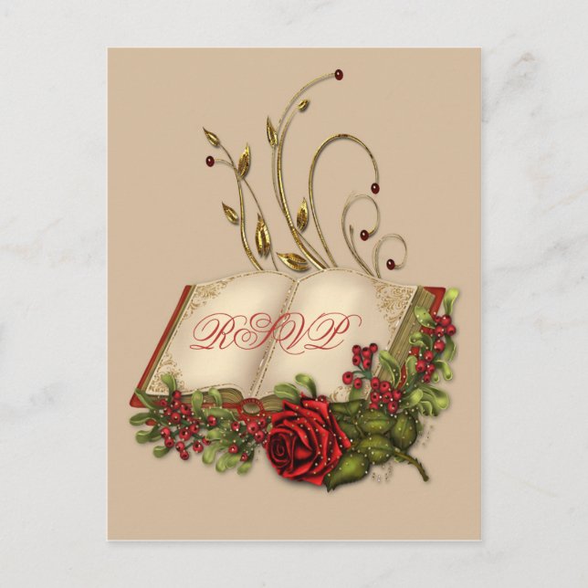 Postal De Invitación Rosas rojas y boda bíblica abierta RSVP (Anverso)