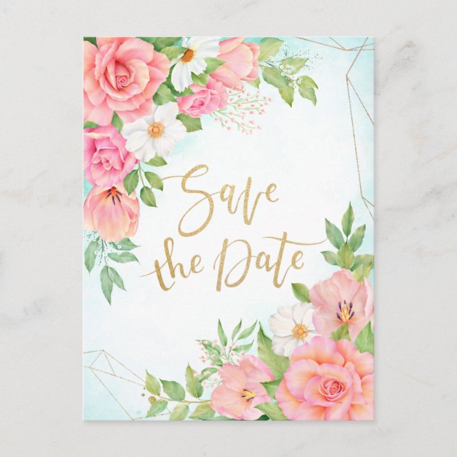 Postal De Invitación Rosas Turquoise Ombre Floral Bouquet Ahorran La Fe (Anverso)