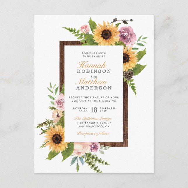 Postal De Invitación Rosas y girasoles | Boda de campo en Barn Wood (Anverso)
