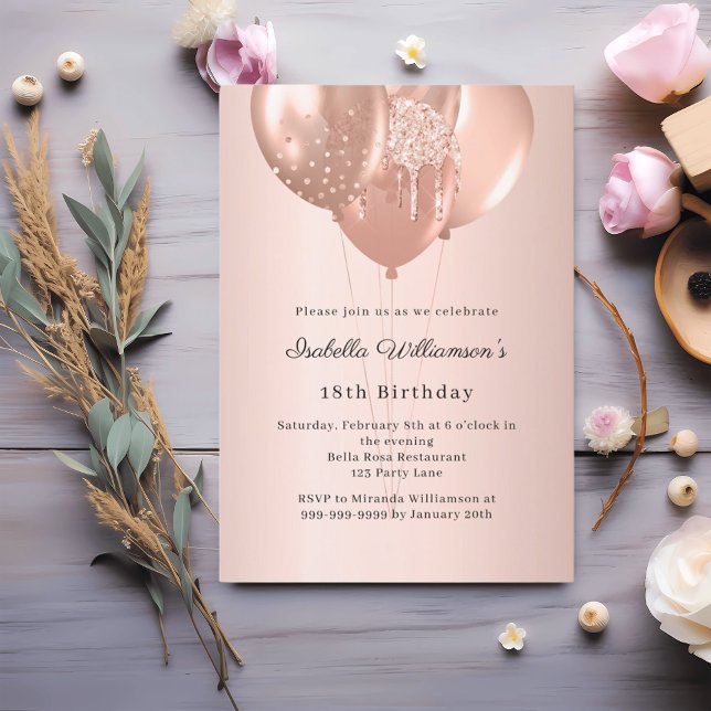 Postal De Invitación Rose gold balloons birthday  (Subido por el creador)