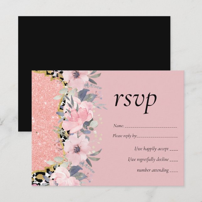Postal De Invitación Rosegold BODA Girly Purpurina Floral Rosa Glam (Anverso / Reverso)