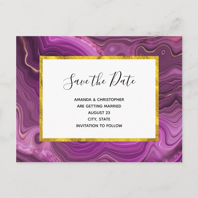 Postal De Invitación Royak Purple y Gold Agate Wedding Salven la fecha (Anverso)