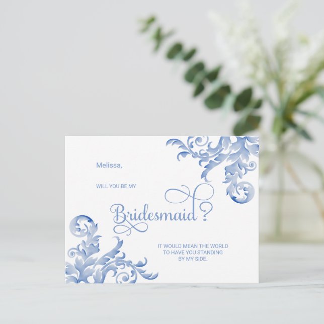 Postal De Invitación Royal Blue Flourier Serás Mi Novia (Anverso de pie)