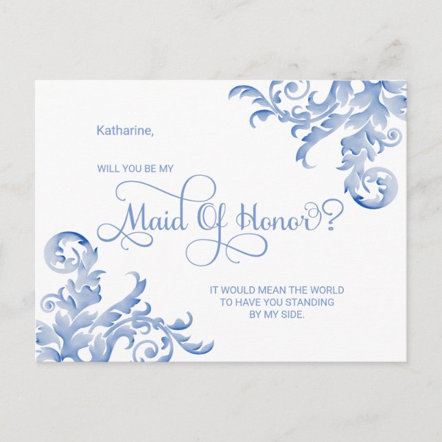 Postal De Invitación Royal Blue Flourish Serás Mi Mujer De Honor (Anverso)