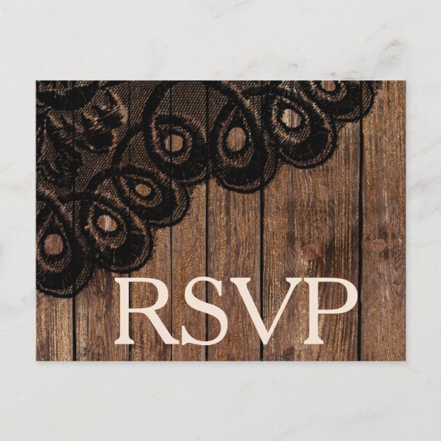 Postal De Invitación RSVP Black Faux Lace and Wood (Anverso)